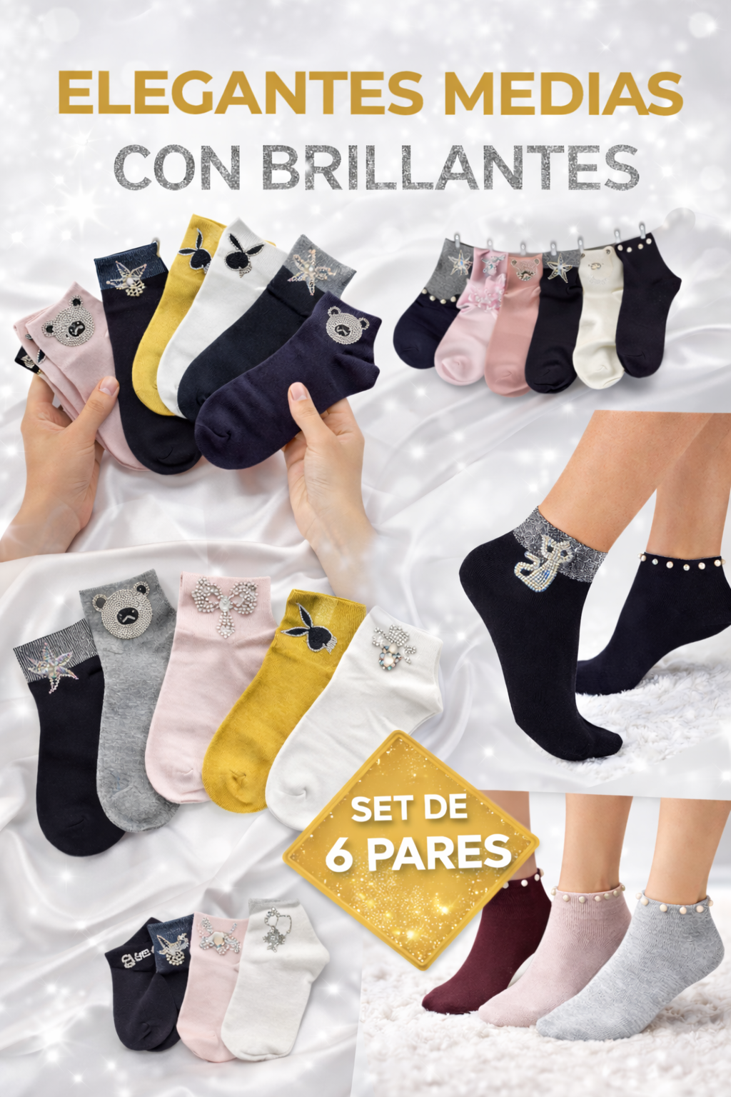 Calcetines / Tines Brillos Pedrería Dama Moda Algodón 6 Pares