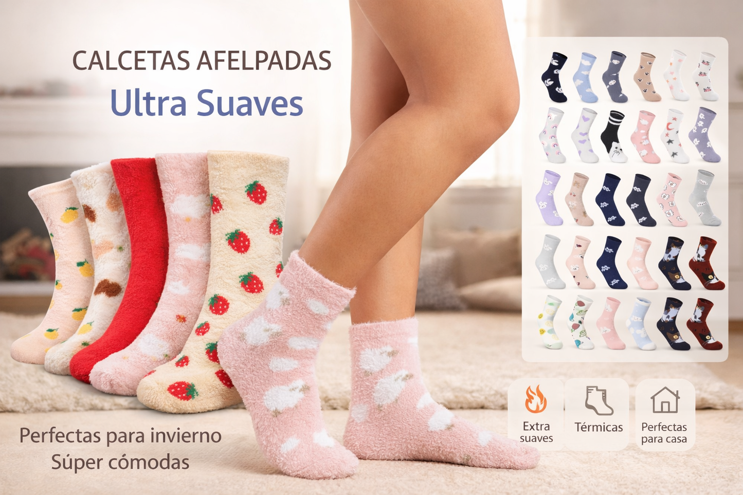 Calcetas Afelpadas Figuritas Térmicas Invierno 4 Pares