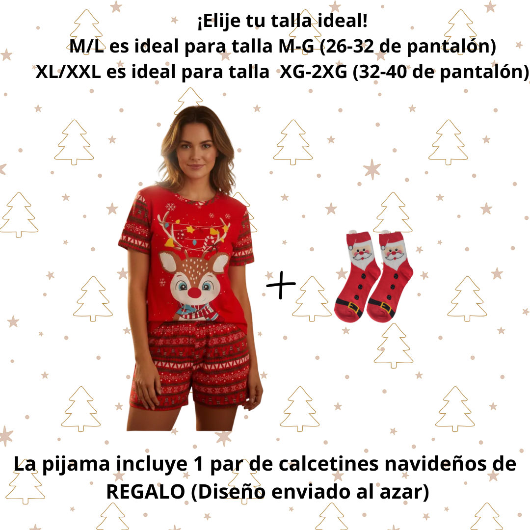 Pijama Navideña Dama Bata, Playera, Pantalón Y Short Moda Diseño De Reno Gris