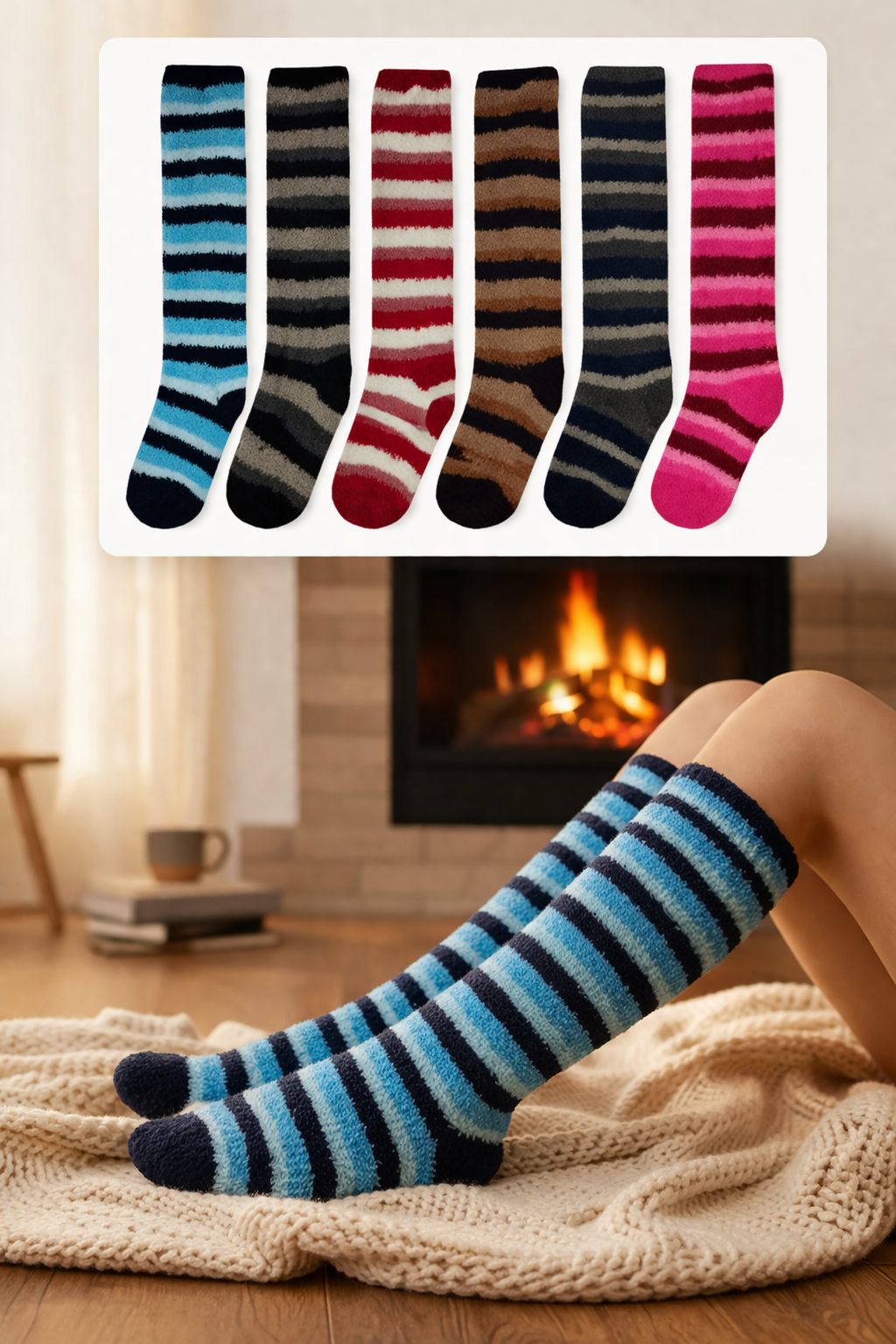 Calcetas De Peluche Térmicas Rayas Suaves Set de 4 Pares