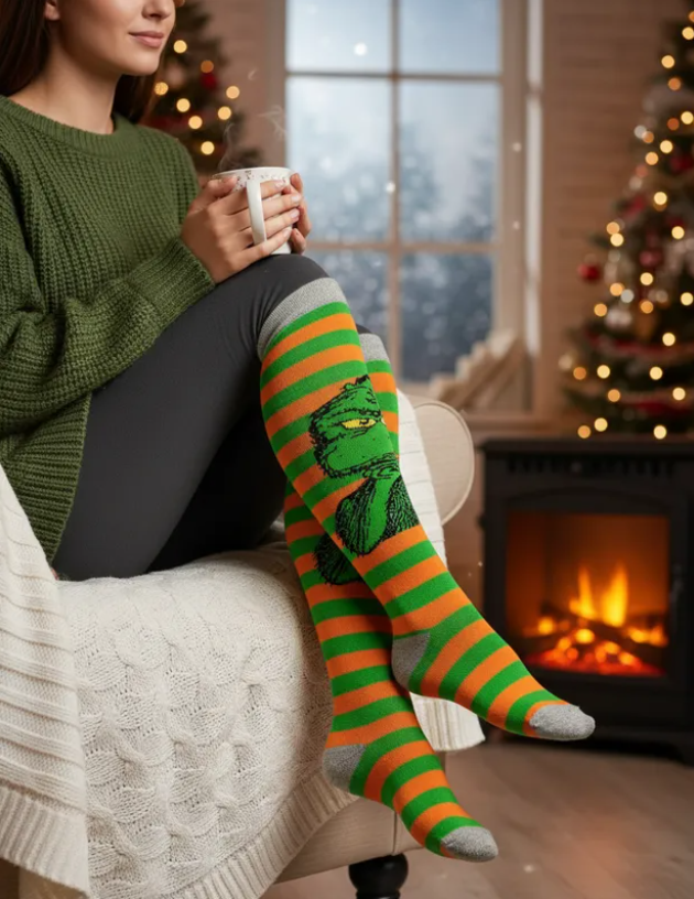 Medias Extra Largas Navideñas Dama Algodón "Grinch Rayas Naranjas"