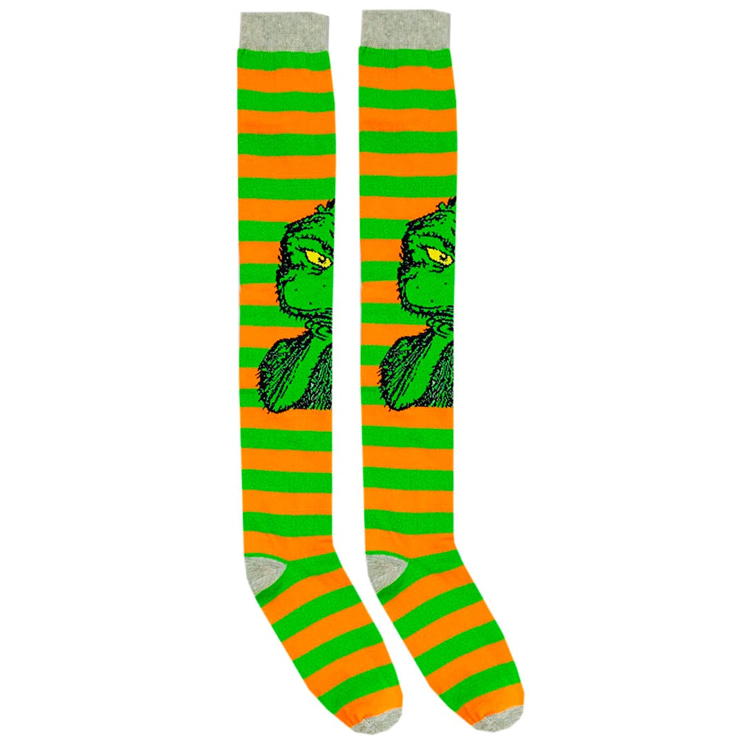 Medias Extra Largas Navideñas Dama Algodón "Grinch Rayas Naranjas"