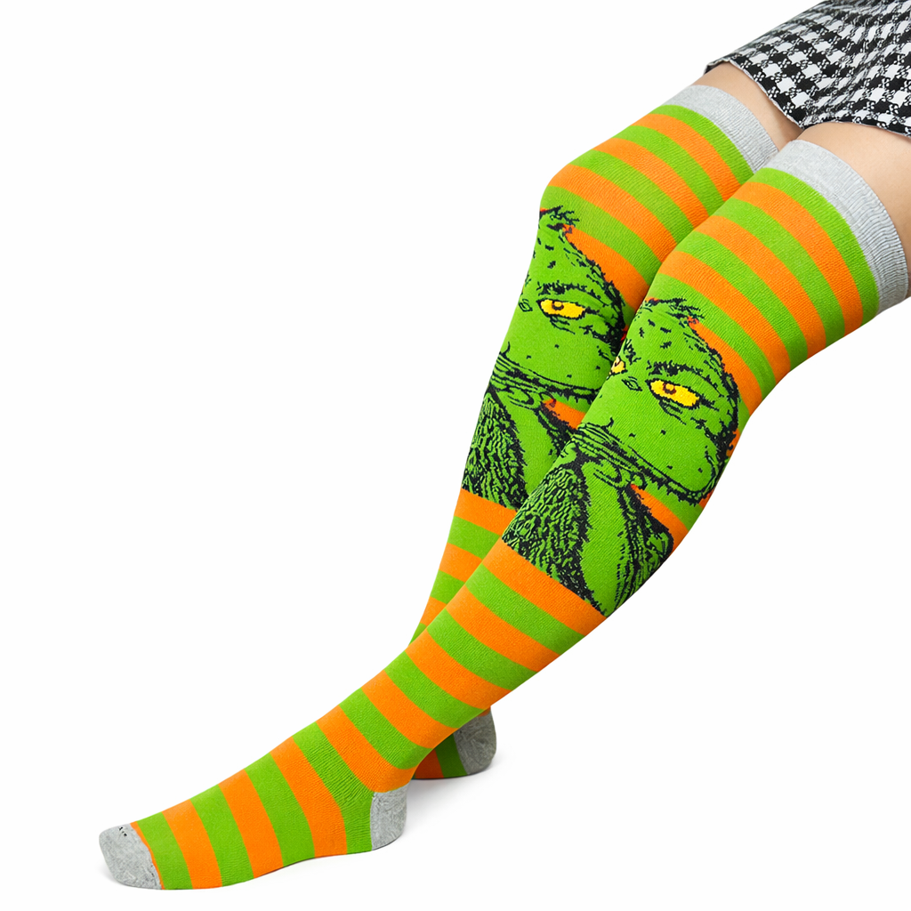 Medias Extra Largas Navideñas Dama Algodón "Grinch Rayas Naranjas"