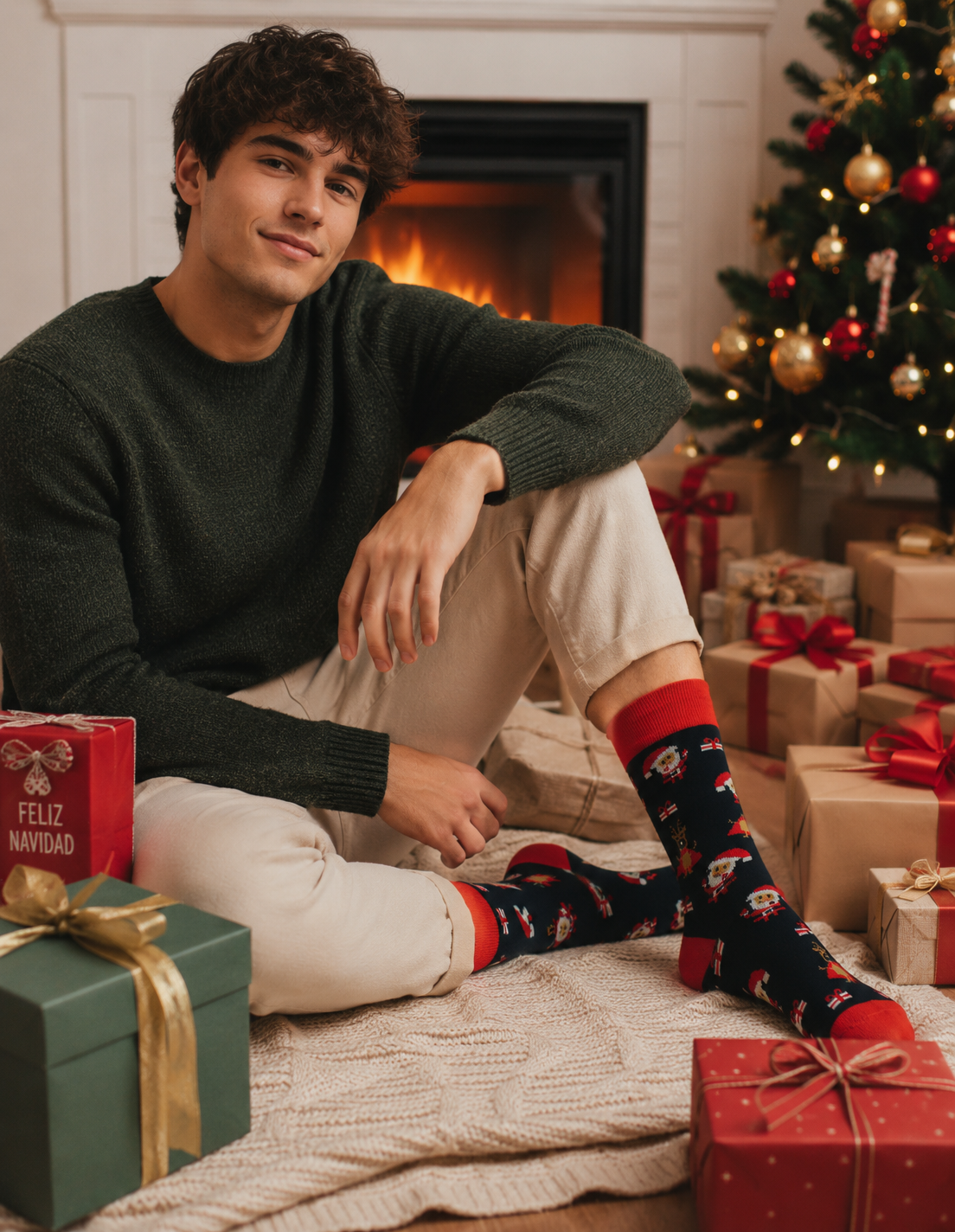 Calcetines Navidad / "Santa Claus Y Renos En Caricatura Con Regalos"