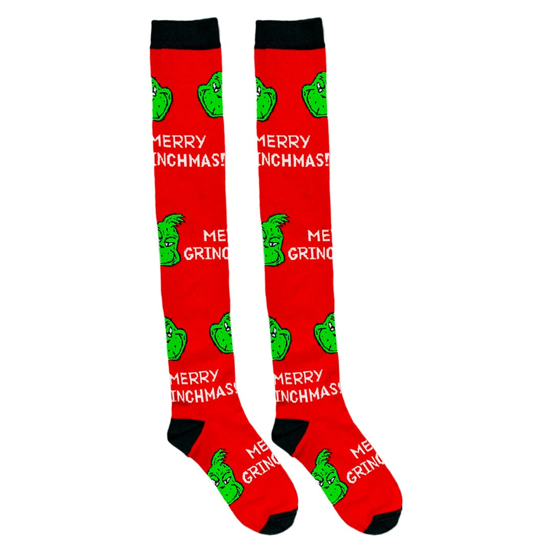 Medias Extra Largas Navideñas Dama Algodón "Grinch Merry Christmas"