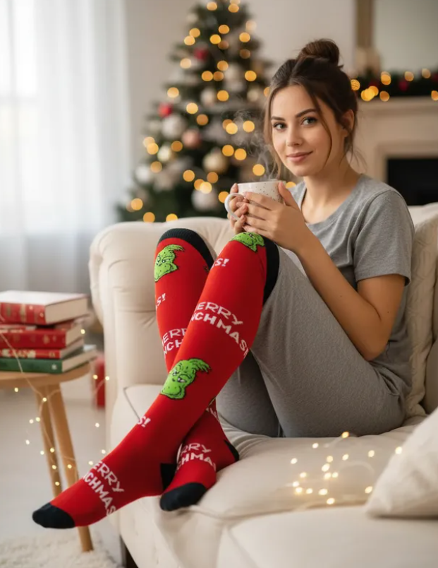 Medias Extra Largas Navideñas Dama Algodón "Grinch Merry Christmas"