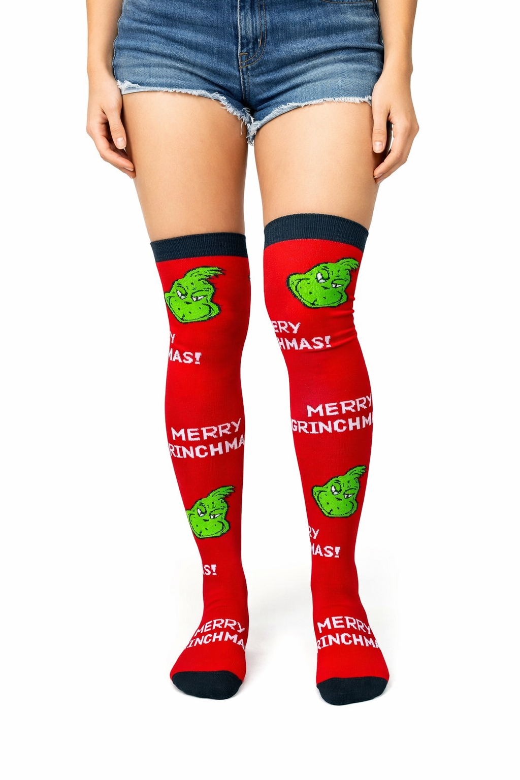 Medias Extra Largas Navideñas Dama Algodón "Grinch Merry Christmas"