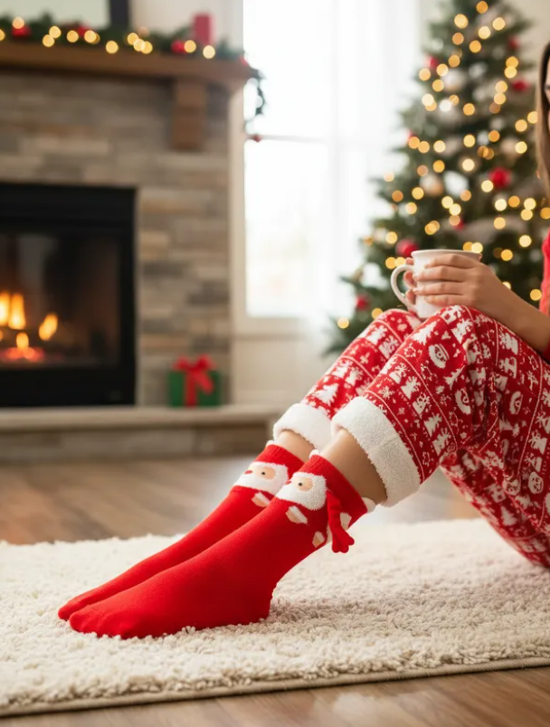 Calcetas Navideñas Manitas Imán Moda Cute Santa Claus Rojo