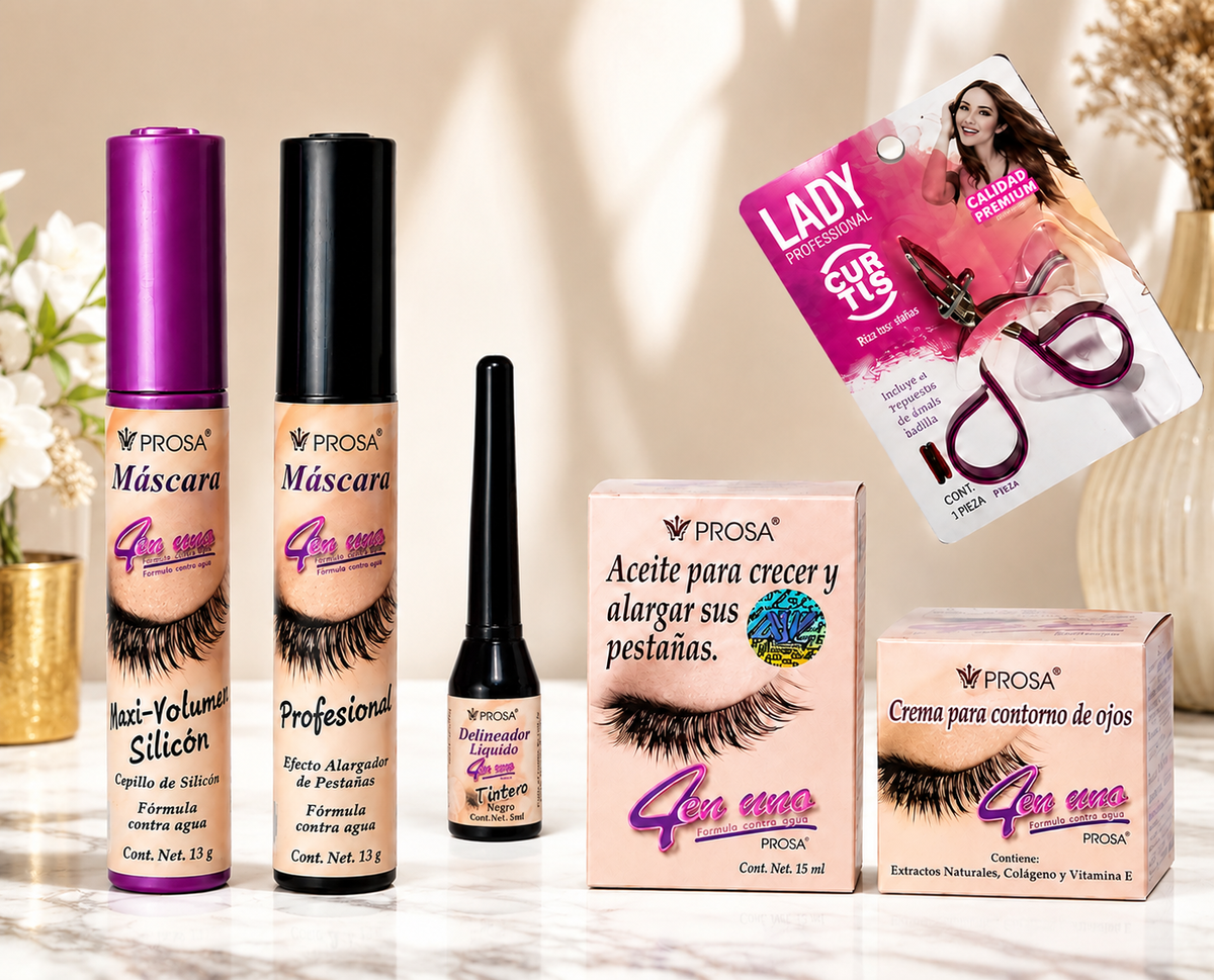 Set de Belleza Prosa 4 en 1 con Delineador, Aceite, Crema y 2 Rimels