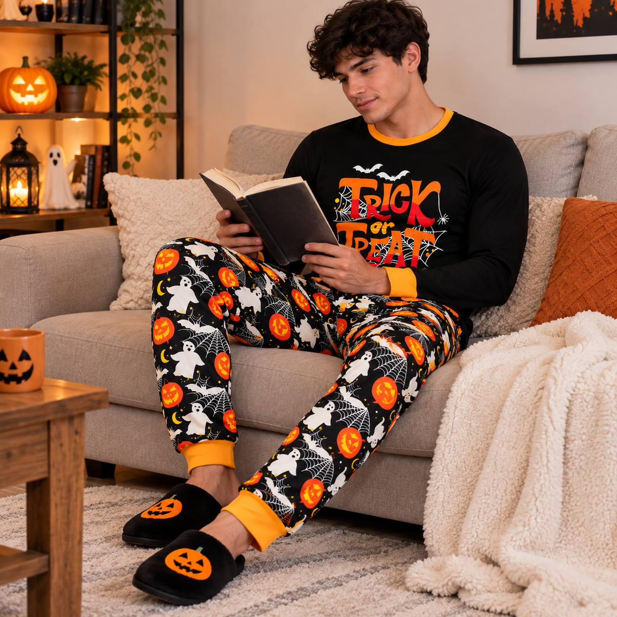 Pijama De Halloween/ Día De Muertos Hombre Térmica Moda Letras Trick or Treat