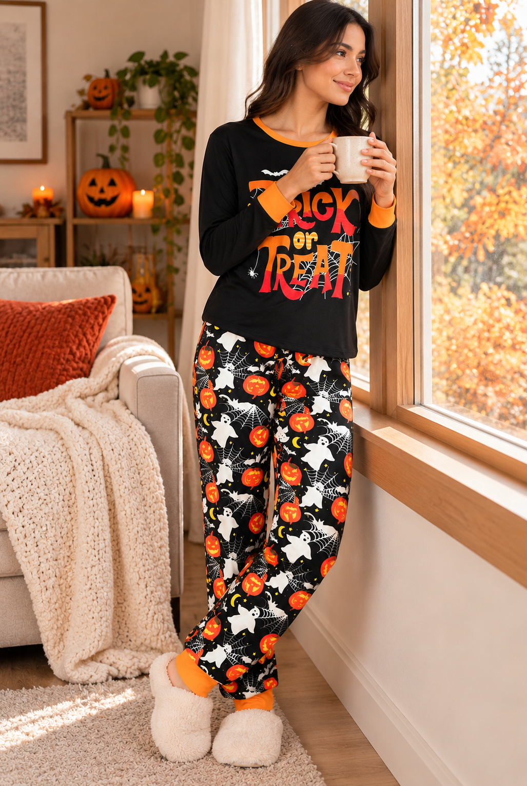 Pijama De Halloween/ Día De Muertos Mujer Térmica Moda Letras Trick or Treat