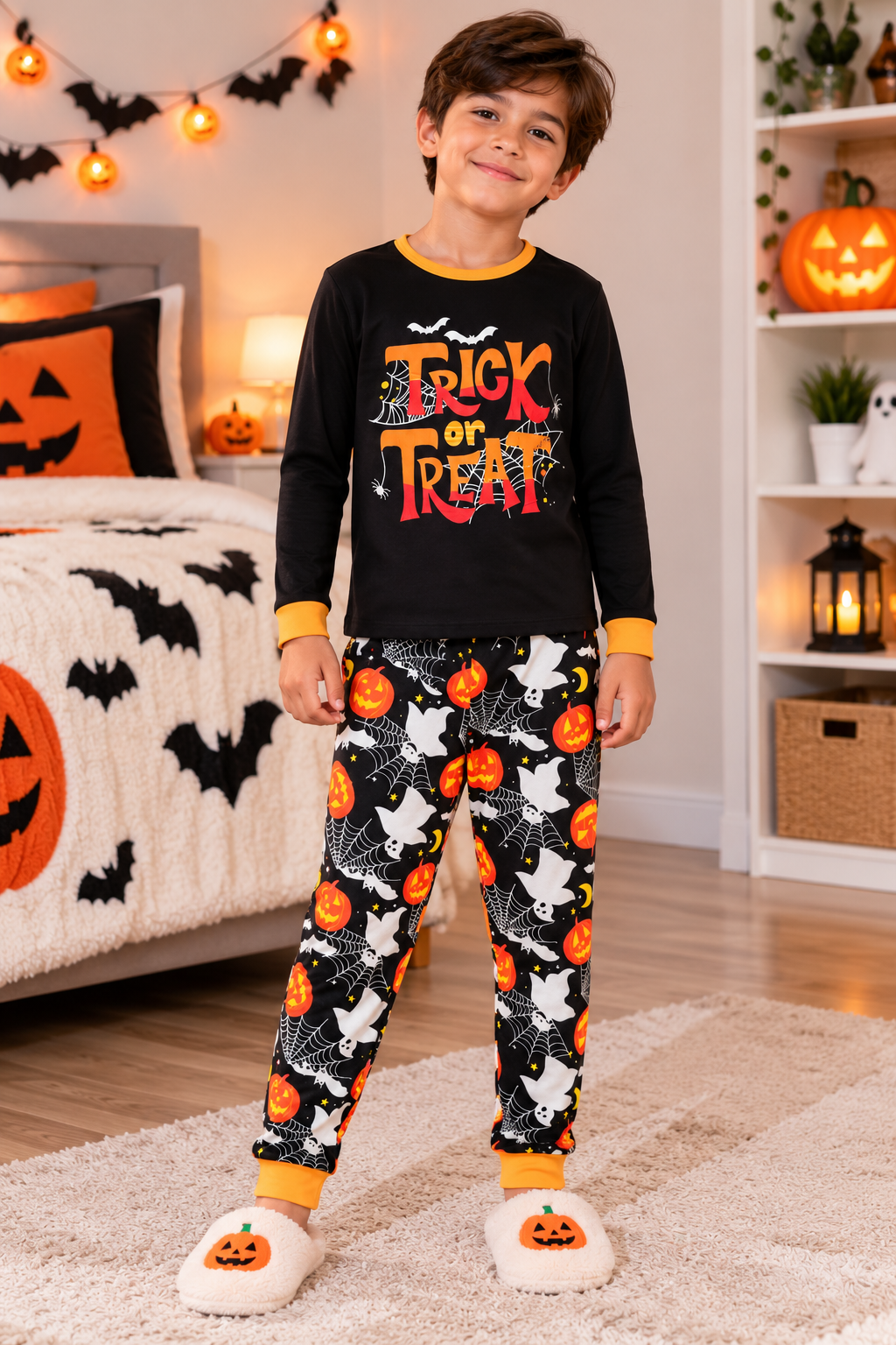 Pijama De Halloween/ Día De Muertos Infantil Niñ@s Térmica Moda Letras Trick or Treat