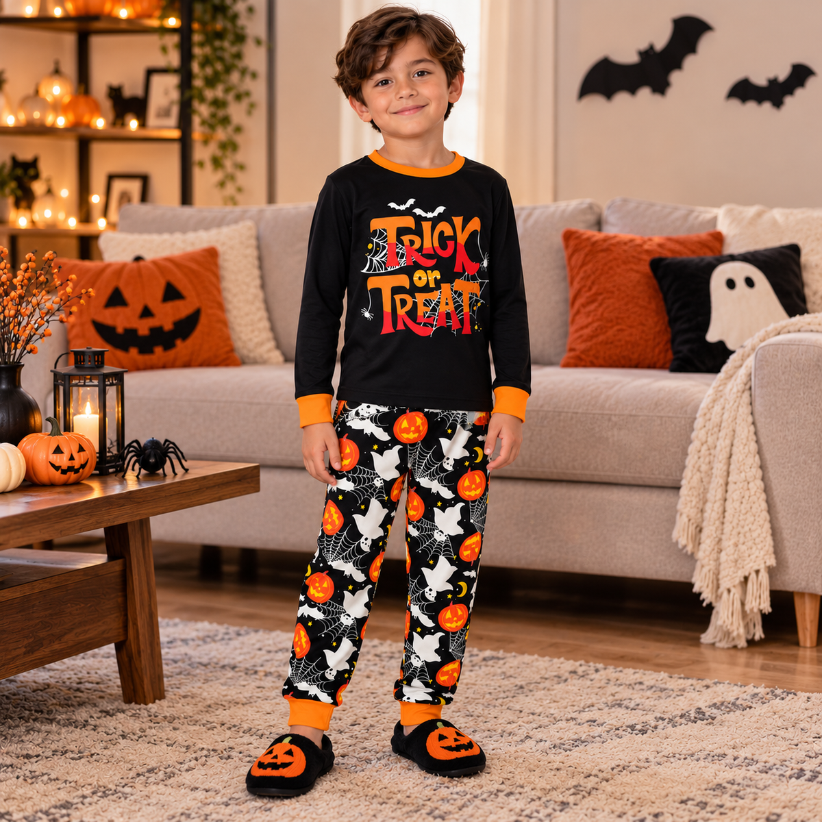 Pijama De Halloween/ Día De Muertos Infantil Niñ@s Térmica Moda Letras Trick or Treat