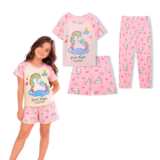 Pijama Infantil De Unicornio Niña Pantalón, Short y Playera Fresca Moda