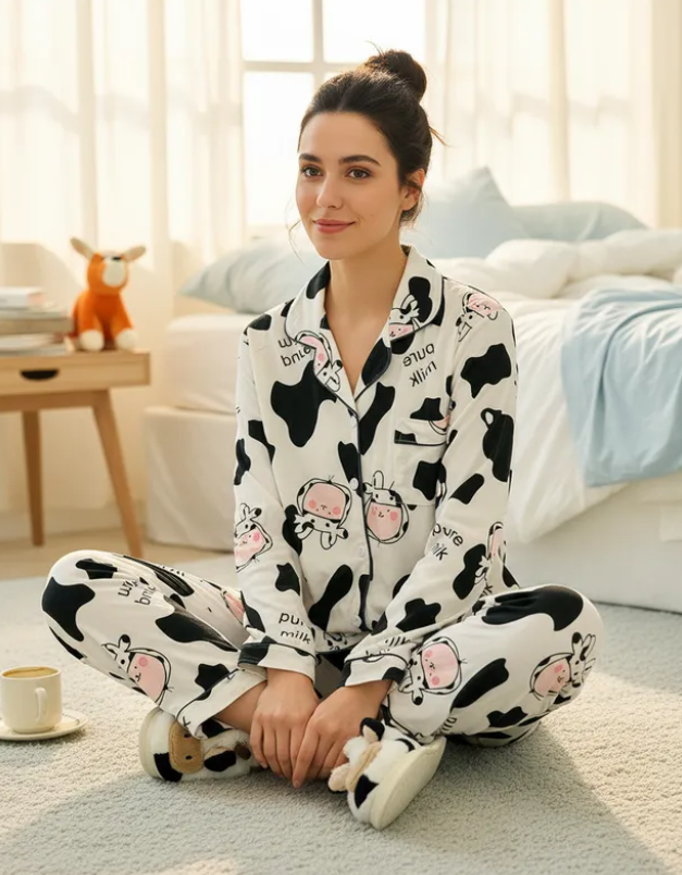 Pijama Dama Pantalón y Camisa de Botones Cute Diseño De Vaca