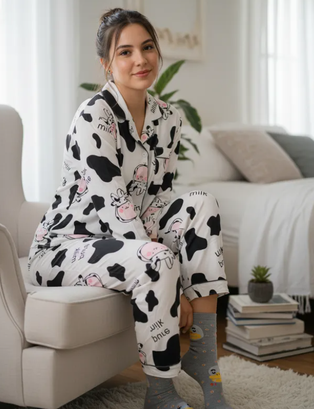Pijama Dama Pantalón y Camisa de Botones Cute Diseño De Vaca