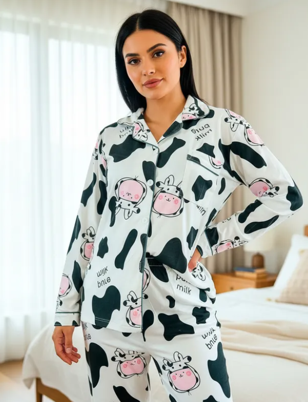 Pijama Dama Pantalón y Camisa de Botones Cute Diseño De Vaca