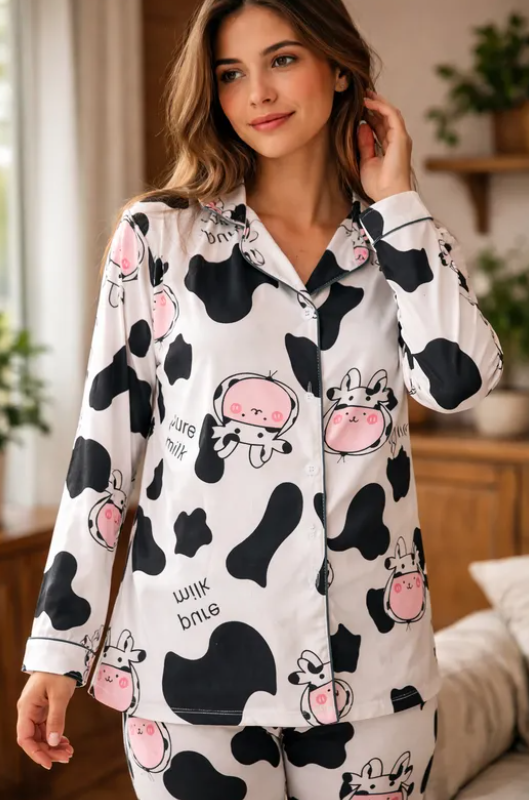 Pijama Dama Pantalón y Camisa de Botones Cute Diseño De Vaca