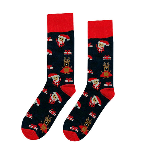 Calcetines Navidad / "Santa Claus Y Renos En Caricatura Con Regalos"