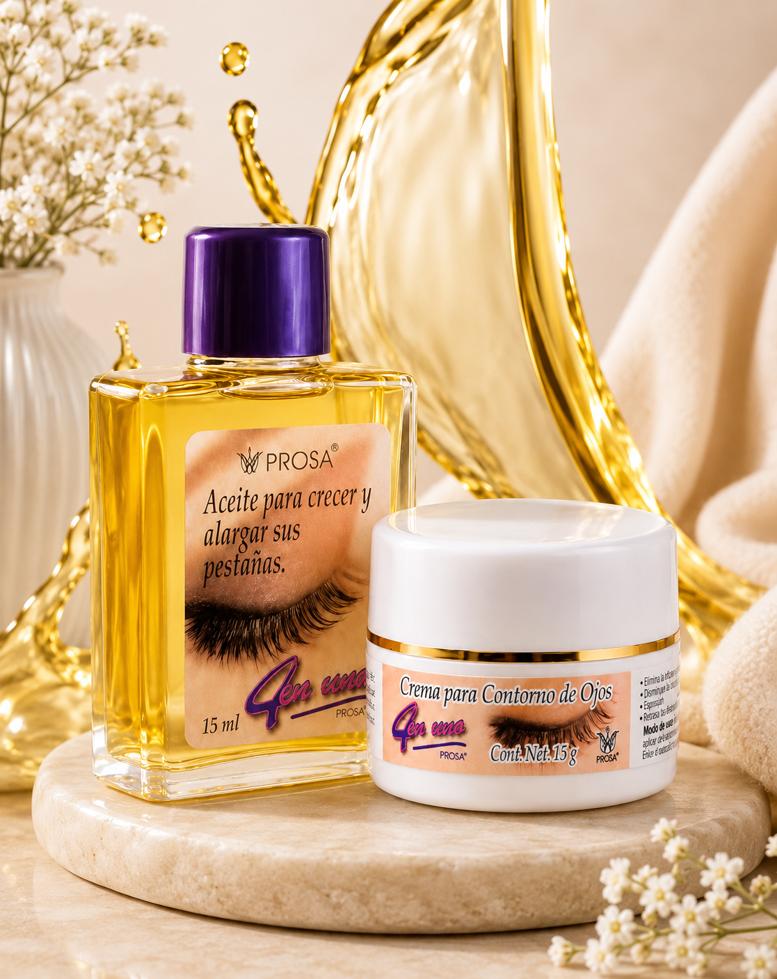 Set de Belleza Prosa 4 en 1 con Delineador, Aceite, Crema y 2 Rimels