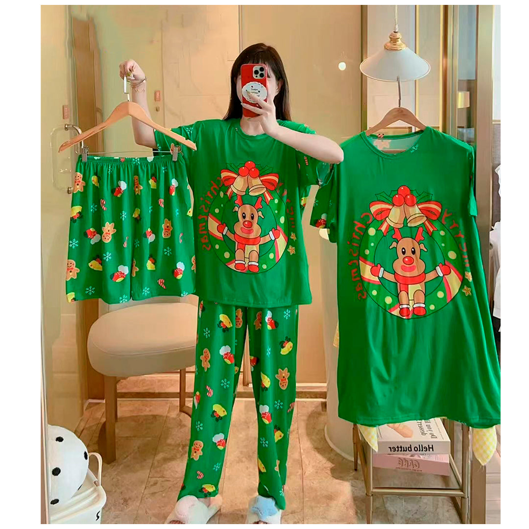 Pijama Navideña Dama Bata, Playera, Pantalón Y Short Moda Diseño De Adorno Navideño