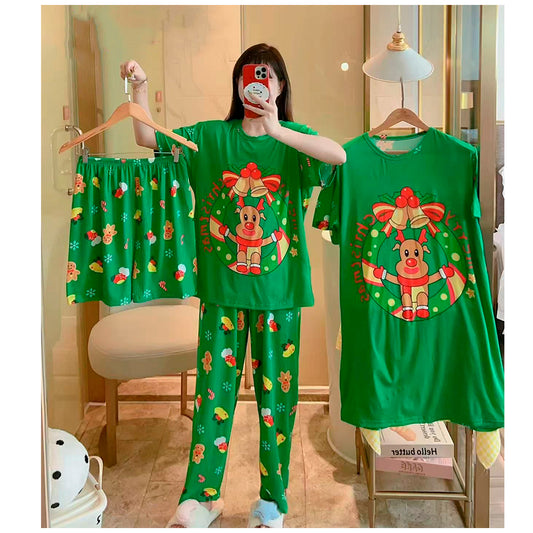 Pijama Navideña Dama Bata, Playera, Pantalón Y Short Moda Diseño De Adorno Navideño