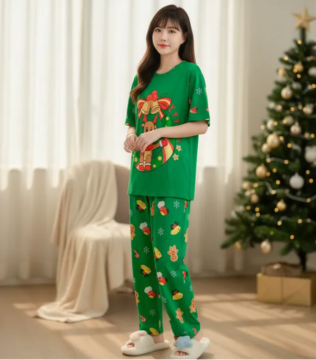 Pijama Navideña Dama Bata, Playera, Pantalón Y Short Moda Diseño De Adorno Navideño