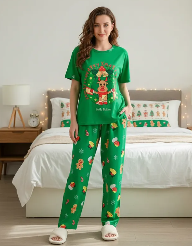 Pijama Navideña Dama Bata, Playera, Pantalón Y Short Moda Diseño De Adorno Navideño