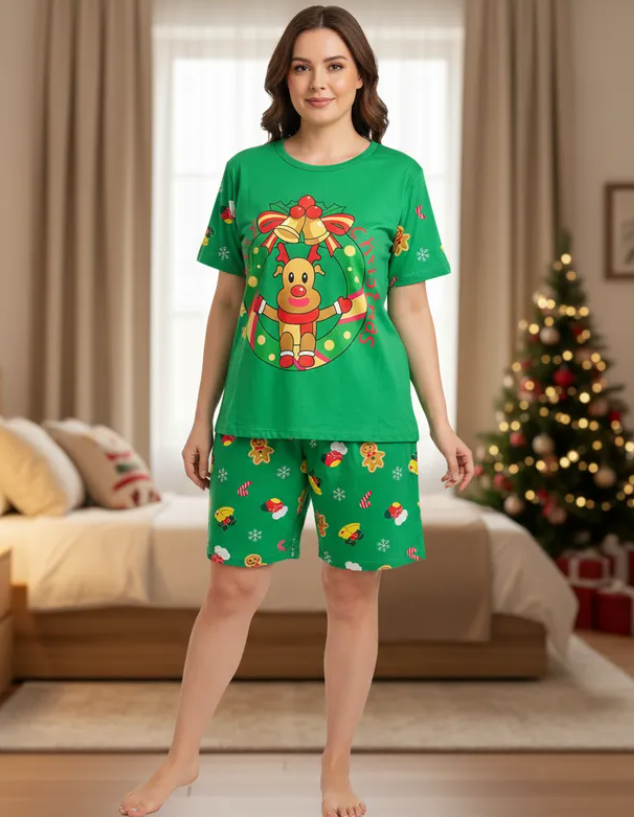Pijama Navideña Dama Bata, Playera, Pantalón Y Short Moda Diseño De Adorno Navideño