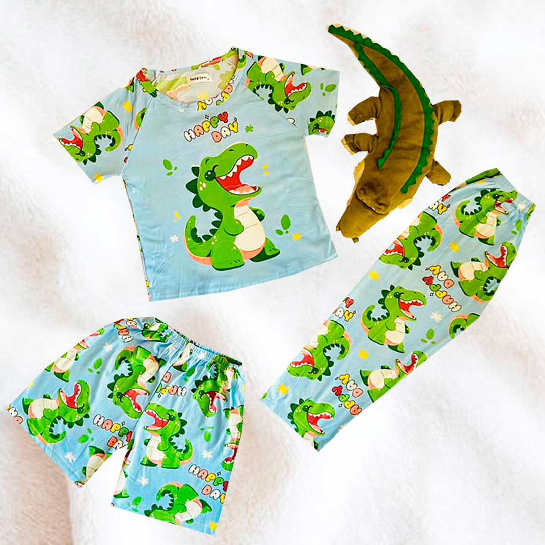 Pijama Infantil De Cocodrilo Celeste Niño/Niña Pantalón, Short y Playera Fresca Moda