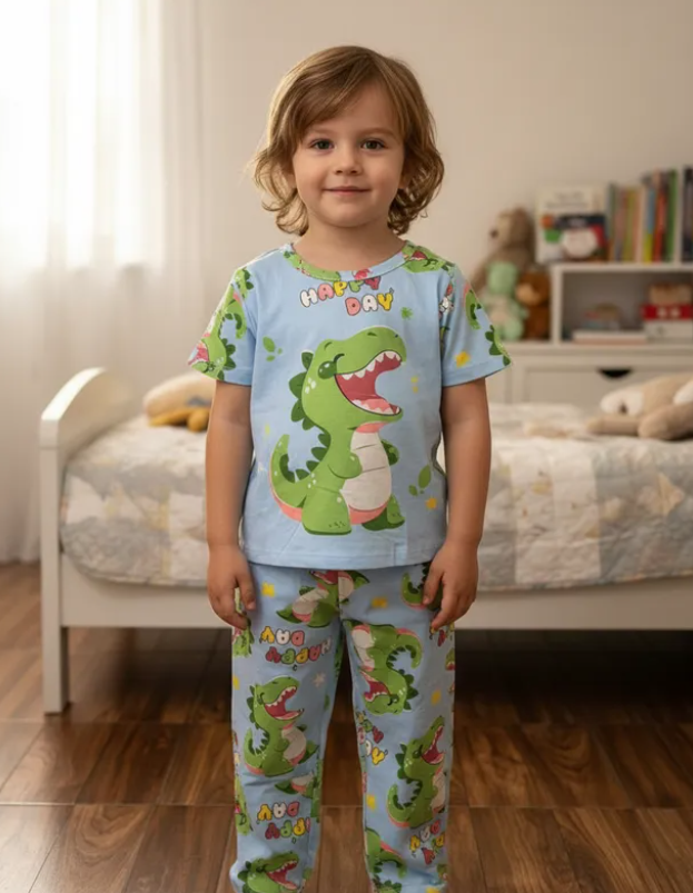 Pijama Infantil De Cocodrilo Celeste Niño/Niña Pantalón, Short y Playera Fresca Moda