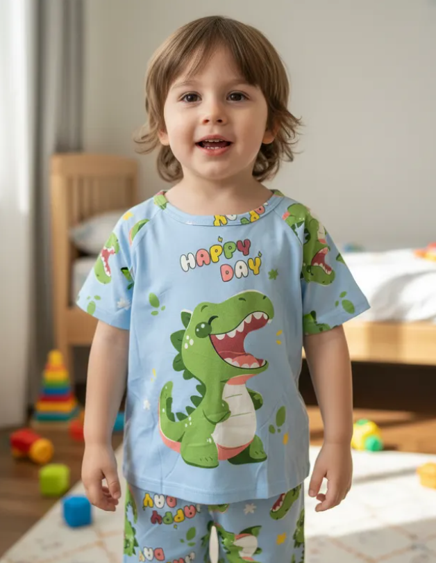 Pijama Infantil De Cocodrilo Celeste Niño/Niña Pantalón, Short y Playera Fresca Moda