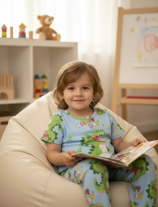 Pijama Infantil De Cocodrilo Celeste Niño/Niña Pantalón, Short y Playera Fresca Moda