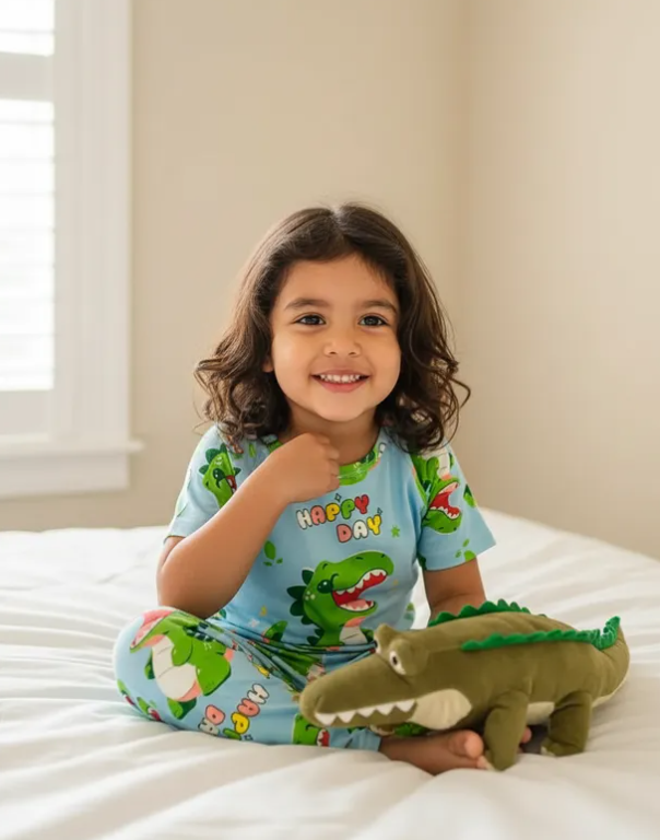 Pijama Infantil De Cocodrilo Celeste Niño/Niña Pantalón, Short y Playera Fresca Moda