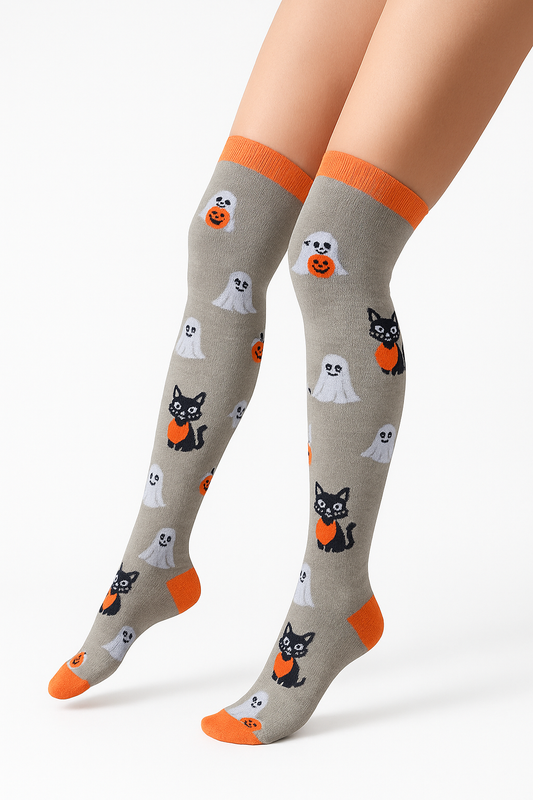 Medias Halloween Diseño De "Gatitos Y Fantasmas"