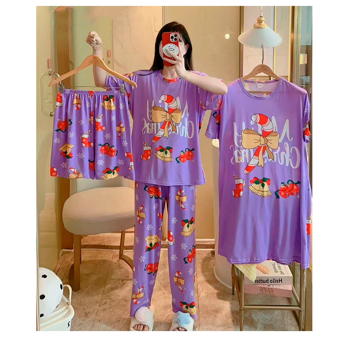 Pijama Navideña Dama Bata, Playera, Pantalón Y Short Moda Diseño De Bastones