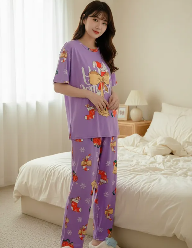 Pijama Navideña Dama Bata, Playera, Pantalón Y Short Moda Diseño De Bastones