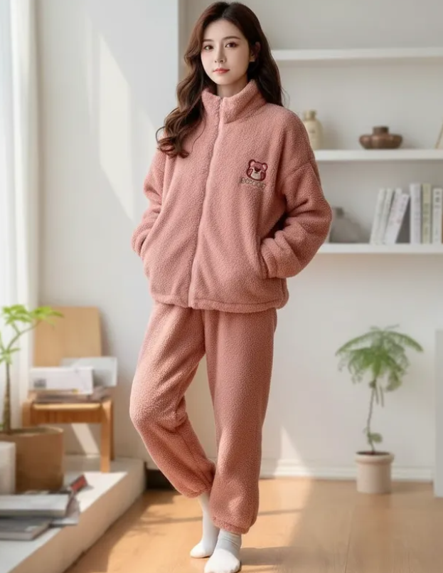 Pijama Afelpada Dama Osito Rosa  Moda Calientitas Polar Pantalón Y Suéter