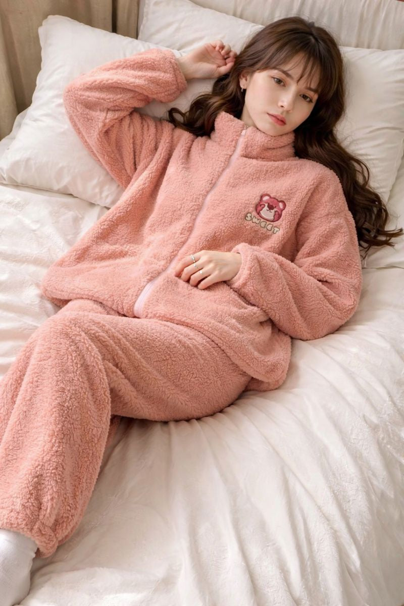 Pijama Afelpada Dama Osito Rosa  Moda Calientitas Polar Pantalón Y Suéter