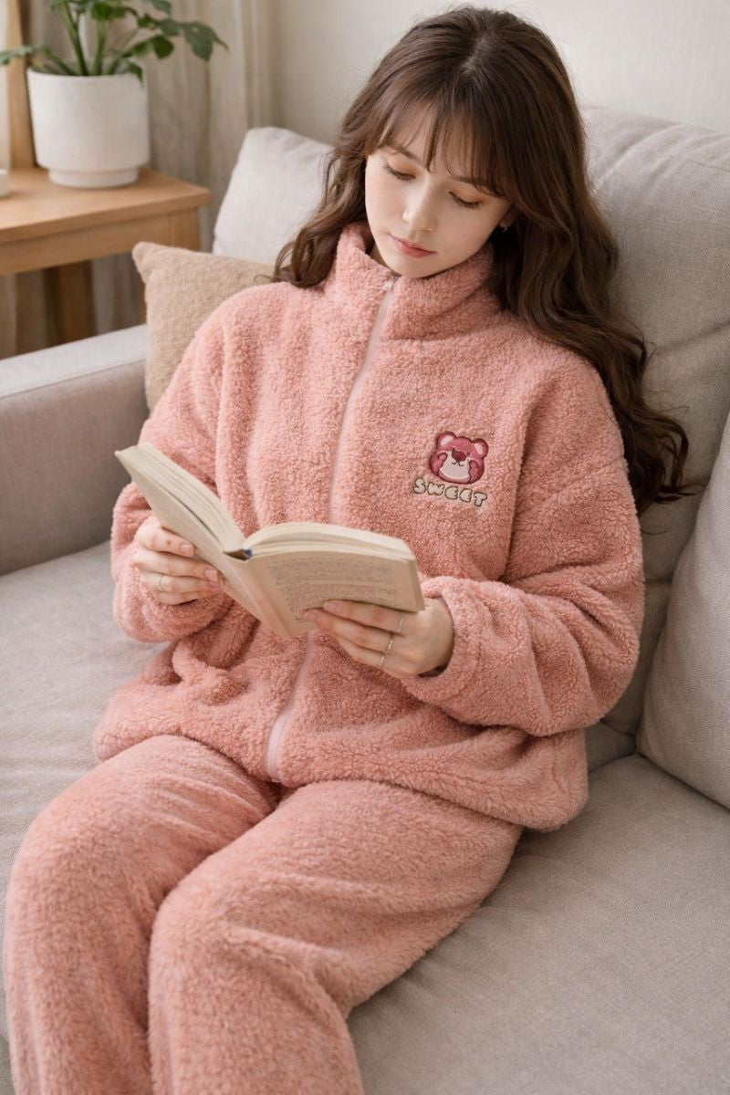 Pijama Afelpada Dama Osito Rosa  Moda Calientitas Polar Pantalón Y Suéter