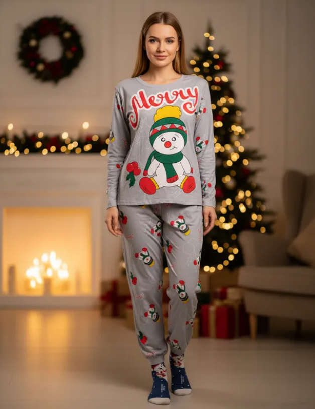 Pijama Navideña Muñeco de Nieve Mujer Moda Pantalón, Playera Y Calcetas