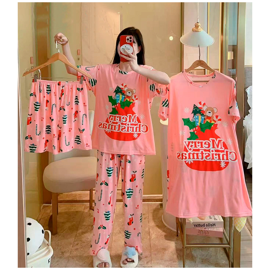 Pijama Navideña Dama Bata, Playera, Pantalón Y Short Moda Diseño De Osito Navidad
