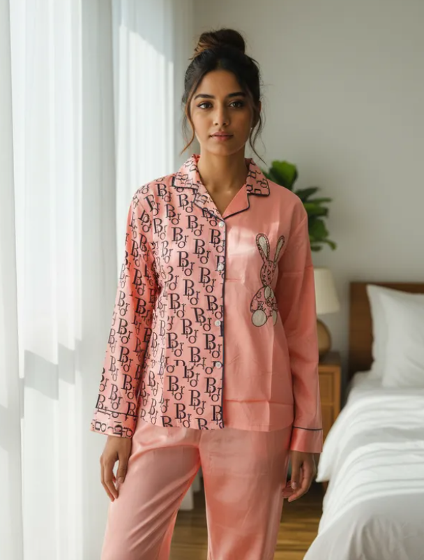 Pijama Dama Botones Satín Pantalón Y Camisa Moda Elegante Diseño de Conejo
