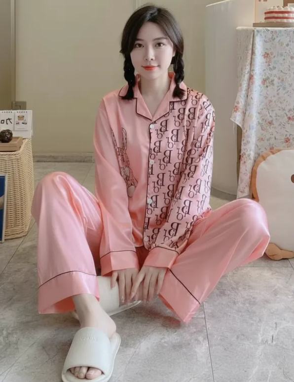 Pijama Dama Botones Satín Pantalón Y Camisa Moda Elegante Diseño de Conejo