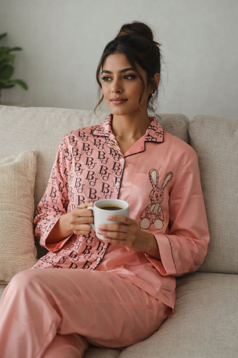 Pijama Dama Botones Satín Pantalón Y Camisa Moda Elegante Diseño de Conejo