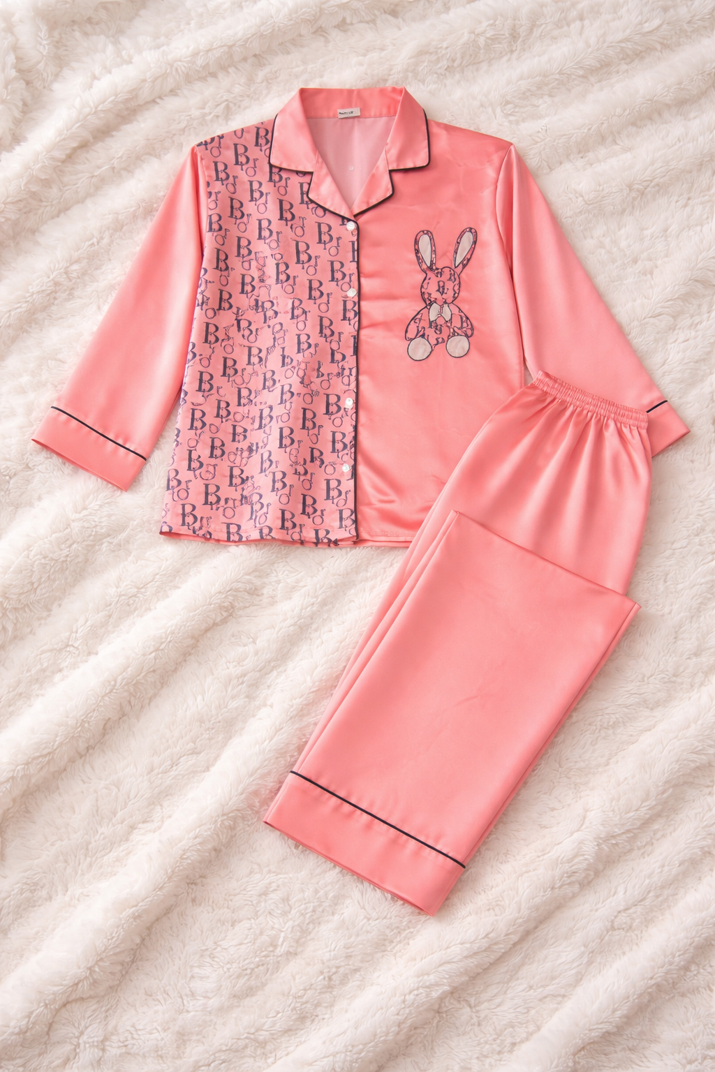 Pijama Dama Botones Satín Pantalón Y Camisa Moda Elegante Diseño de Conejo