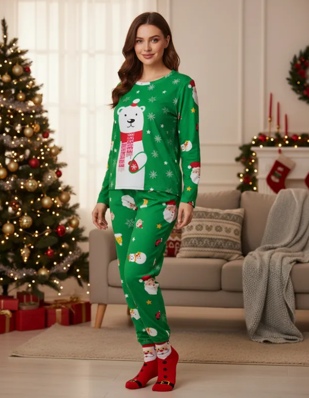 Pijama Navideña Oso Polar Mujer Moda Pantalón, Playera Y Calcetas