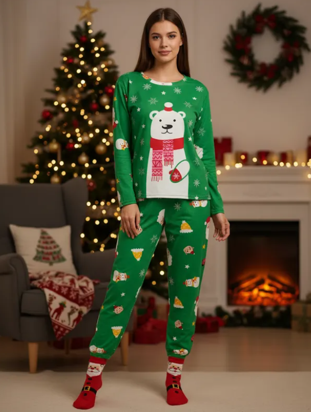 Pijama Navideña Oso Polar Mujer Moda Pantalón, Playera Y Calcetas