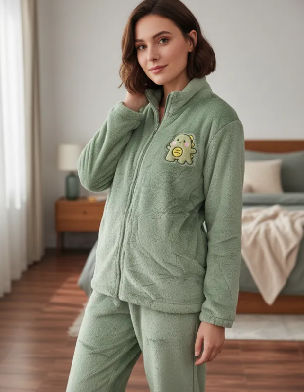 Pijama Afelpada Dama Dinosaurio  Moda Calientitas Polar Pantalón Y Suéter