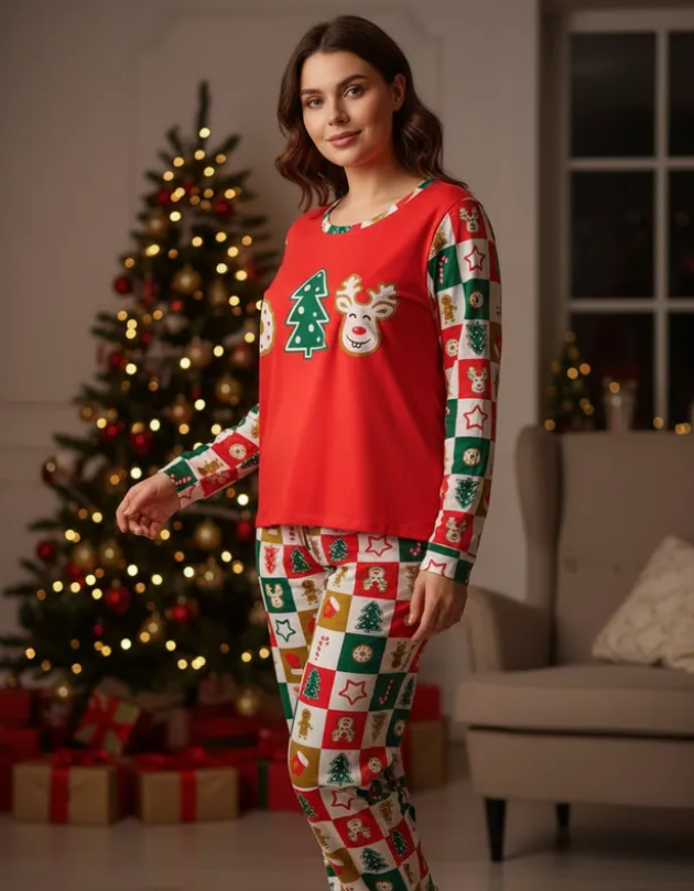 Pijama Navideña Pino Mujer Moda Pantalón, Playera Y Calcetas